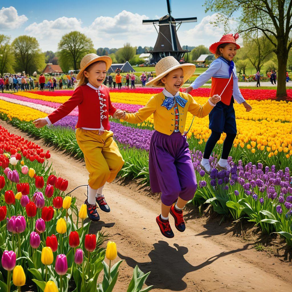 A vibrant scene of children and adults joyfully participating in Double Dutch jump rope activities in a picturesque Dutch landscape, featuring windmills and tulip fields in the background. Include colorful ropes and smiling faces to emphasize fun and community. Add elements of traditional Dutch attire like clogs and bonnets. super-realistic. vibrant colors. lively atmosphere.