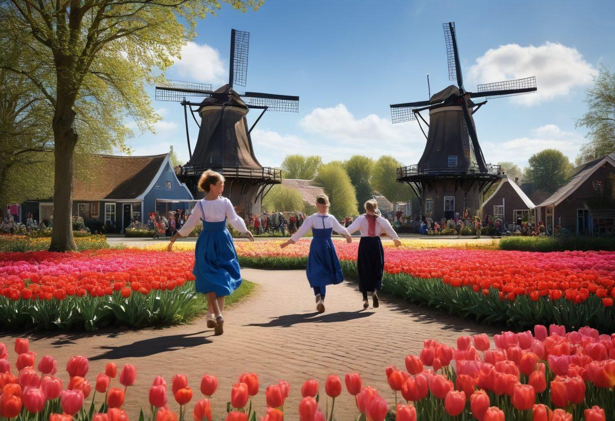 A lively scene featuring people of diverse backgrounds joyfully jumping rope together in a picturesque Dutch village. Traditional windmills and tulip fields create a vibrant backdrop, while children and adults engage in rhythmic movements. Colorful costumes reflecting Dutch culture are worn by the participants, with a sense of community and celebration. Bright, uplifting atmosphere with a clear blue sky. super-realistic. vibrant colors. painterly style.