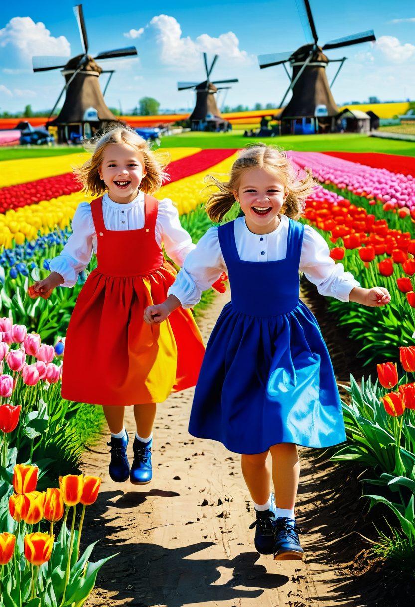 A vibrant scene of children joyfully jumping rope in a picturesque Dutch landscape, surrounded by iconic windmills and tulip fields. Traditional Dutch attire, including colorful dresses and wooden shoes, add cultural flair. Include elements of community and laughter, with a bright blue sky and sunny weather to evoke a sense of joy. super-realistic. vibrant colors. scenic background.